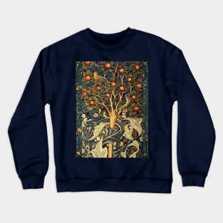 WOODPECKER IN A FRUIT TREE ,BIRDS, RABBITS,LEAVES,BLUE GREEN FLORAL Crewneck Sweatshirt